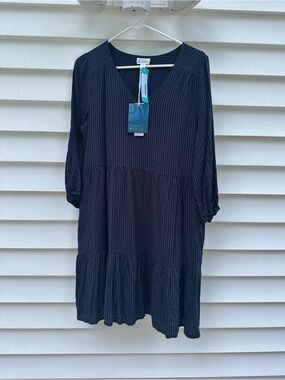 Market & Spruce Navy and Black Pinstripe Tiered V-Neck Long Sleeve Dress